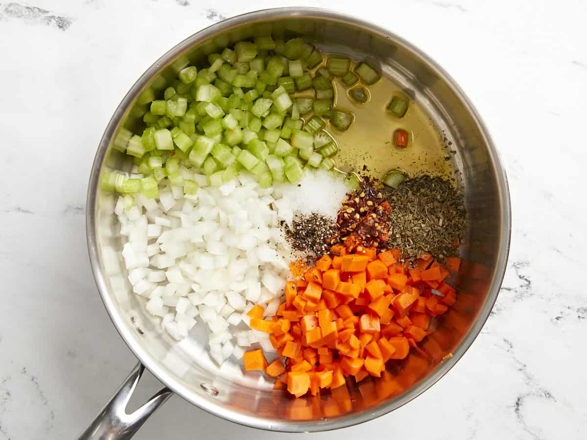 Diced onions, carrots, and celery in a saucepan with salt and pepper.