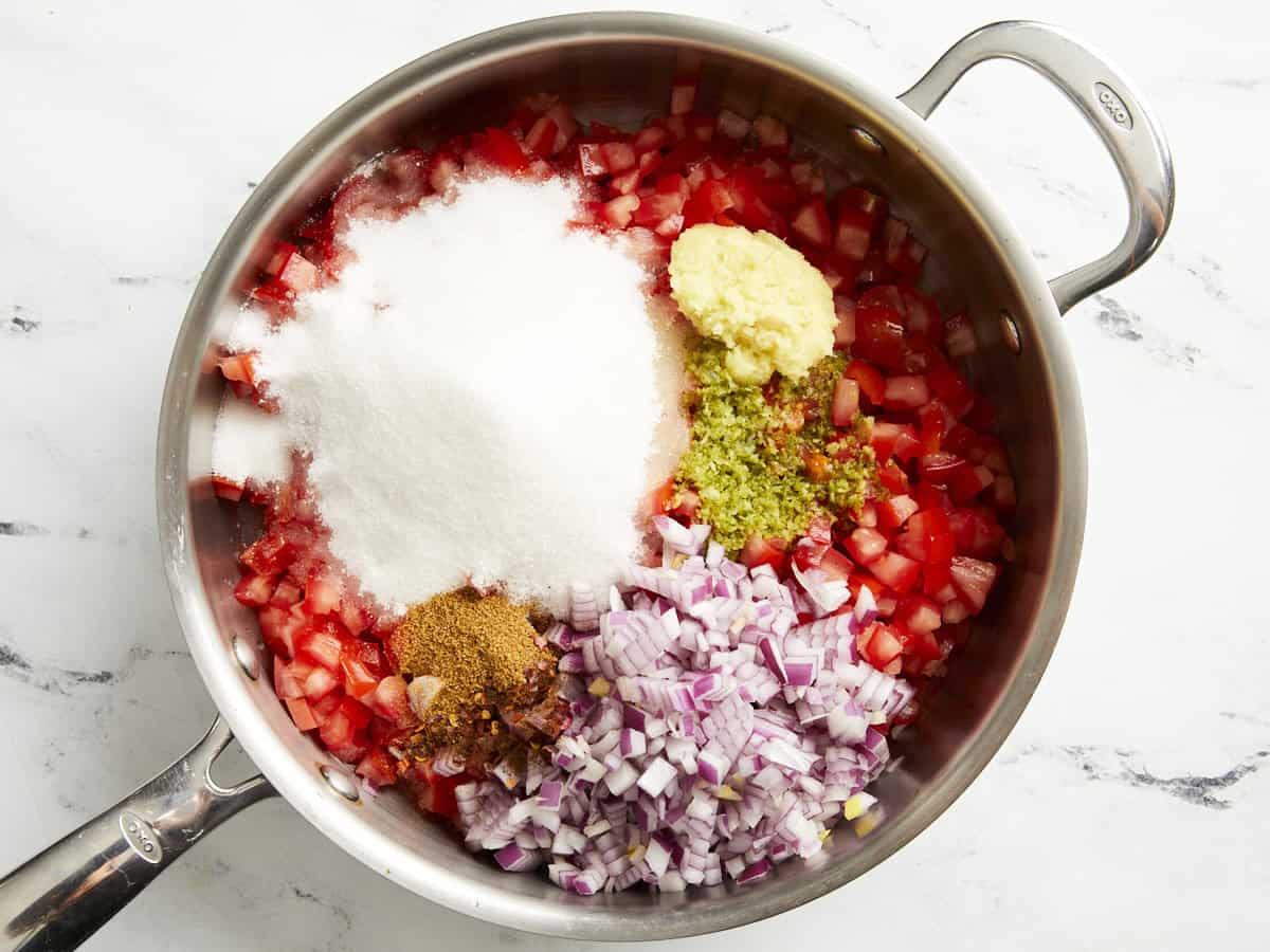 Ingredients for Tomato Relish in a Skillet.