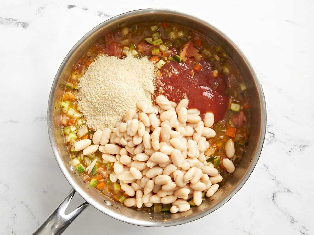 Filling for tuscan white bean stuffed tomatoes in a saucepan.