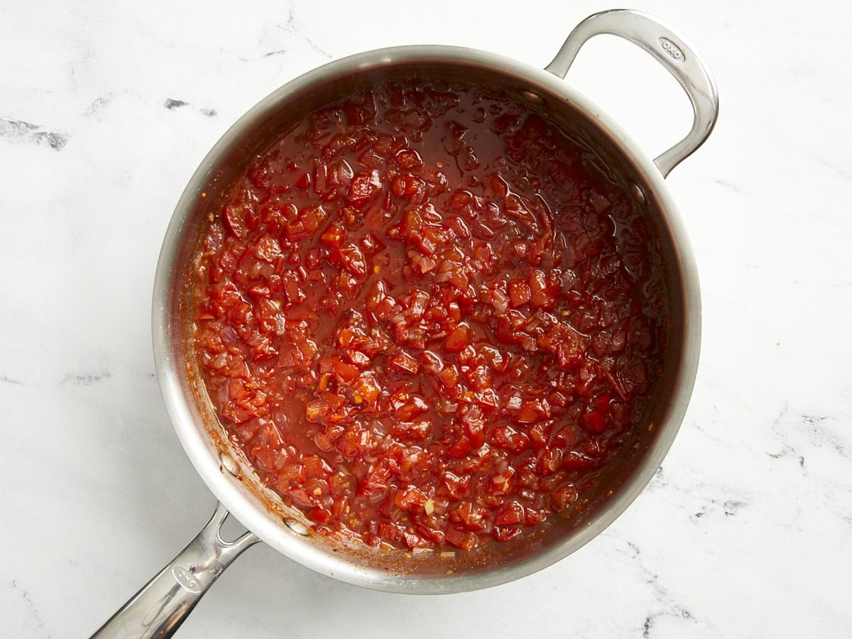 Completed tomato relish in a pan.