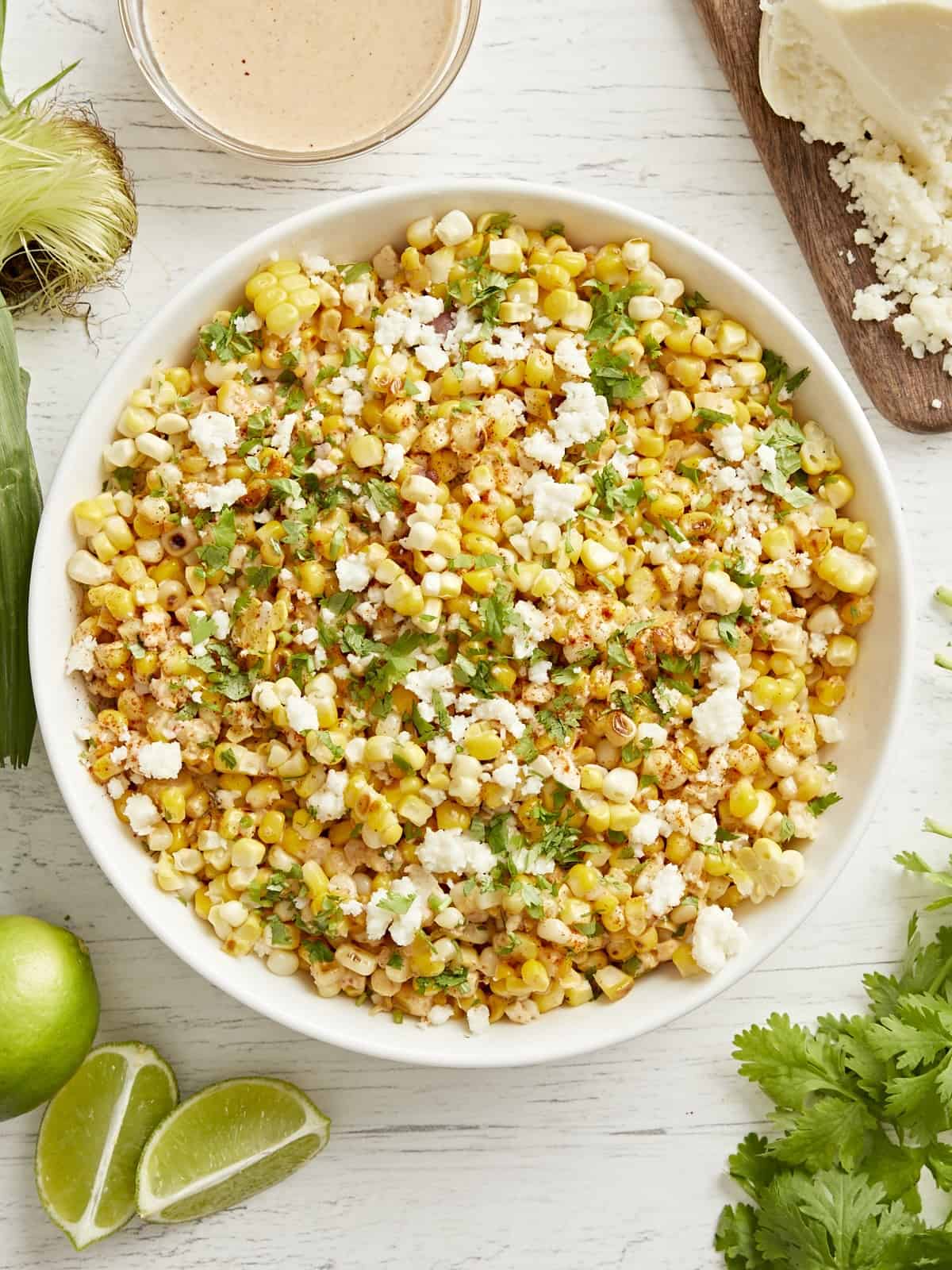 Mexican street corn salad in a bowl.