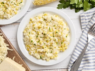 Sweet corn risotto on a plate.