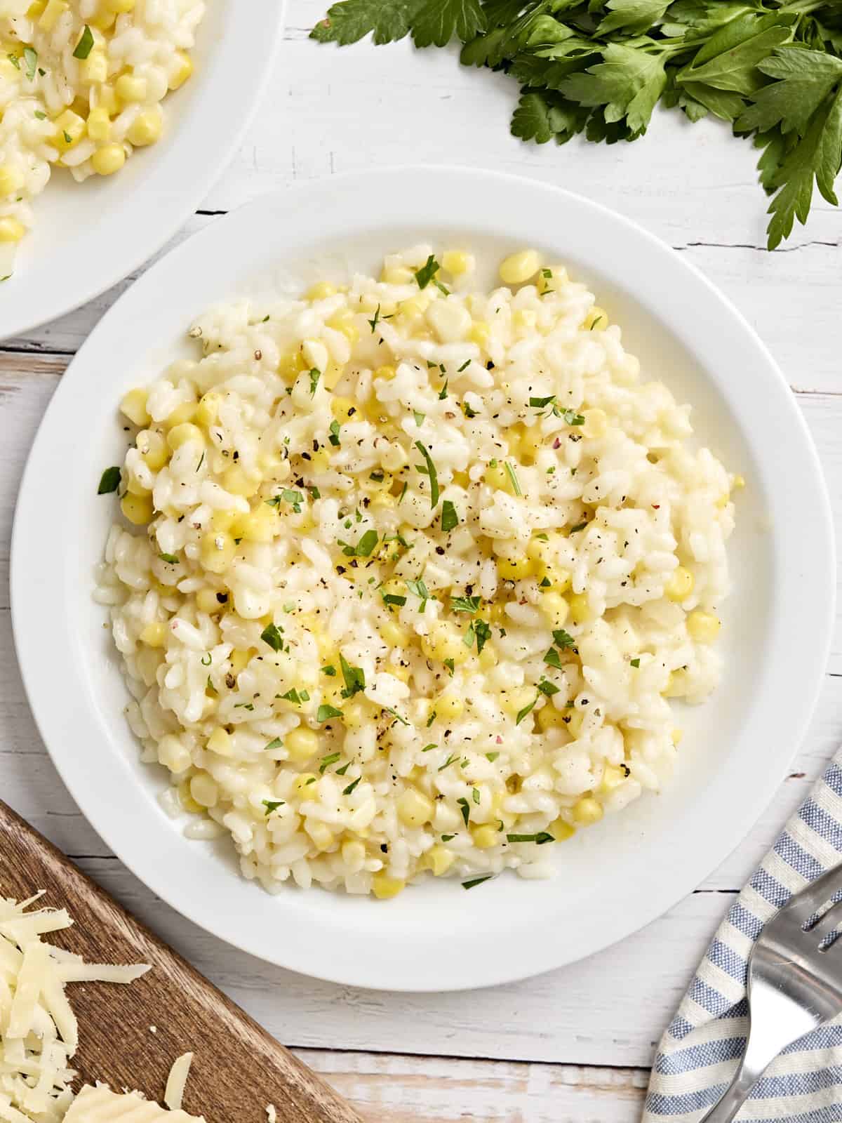 A plate of sweet corn risotto.