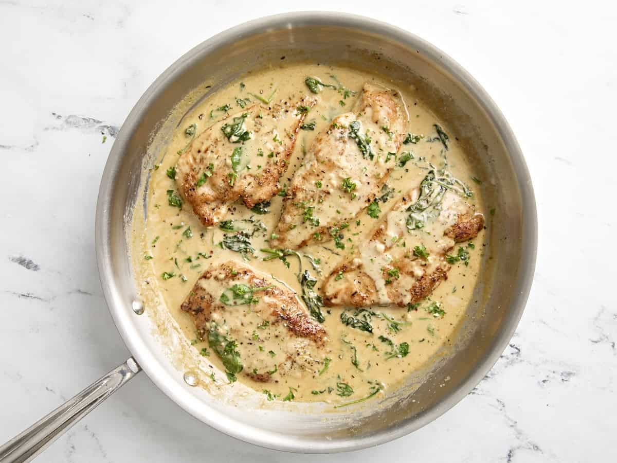 Finished creamy dijon chicken in skillet.