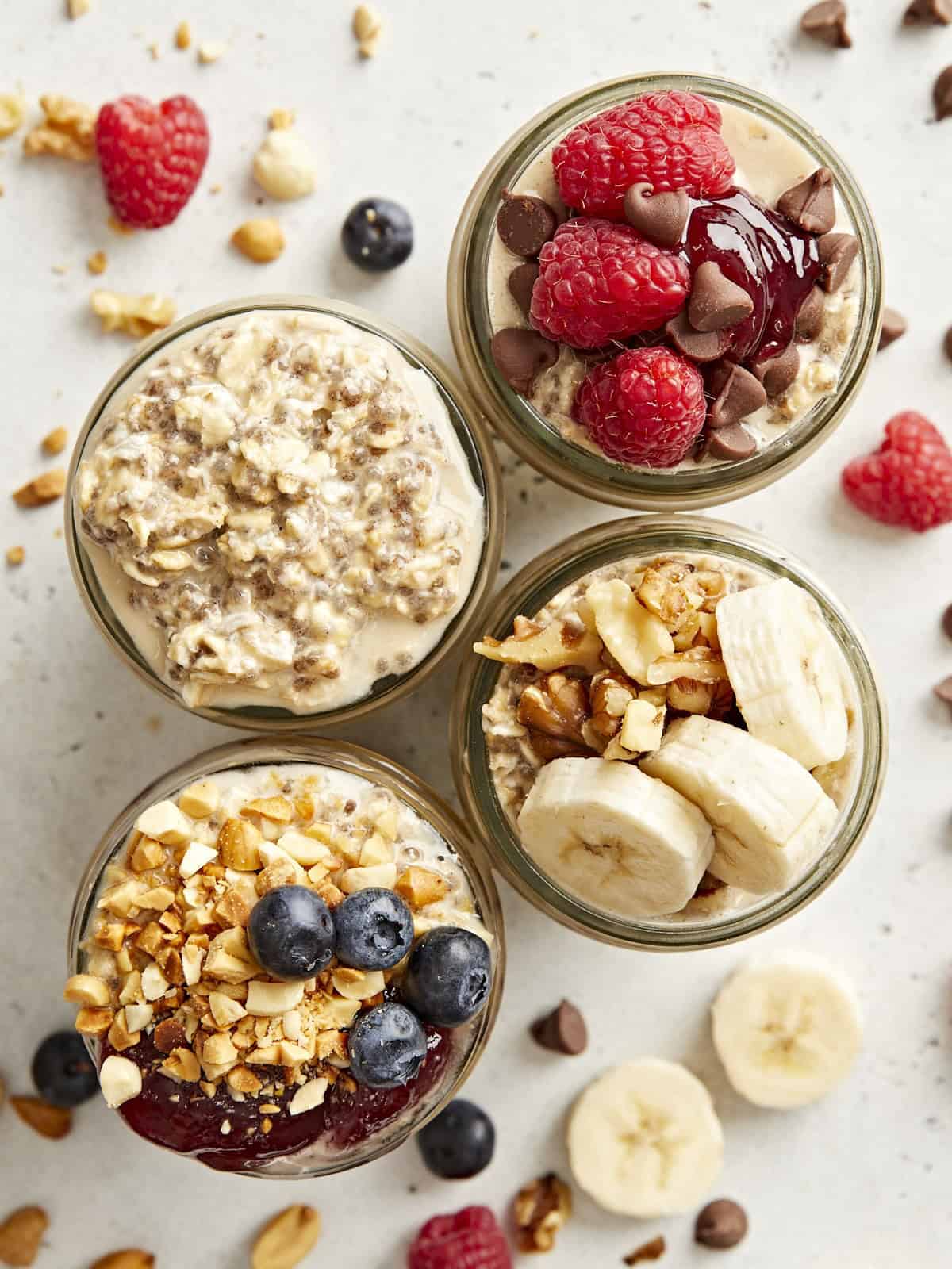 Overhead view of overnight oats with various toppings