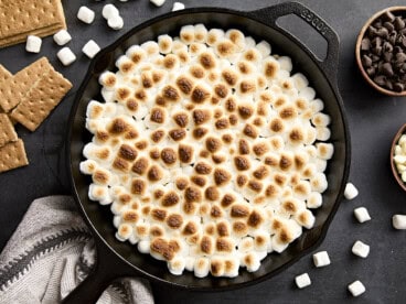 Close up of s'mores dip in a skillet