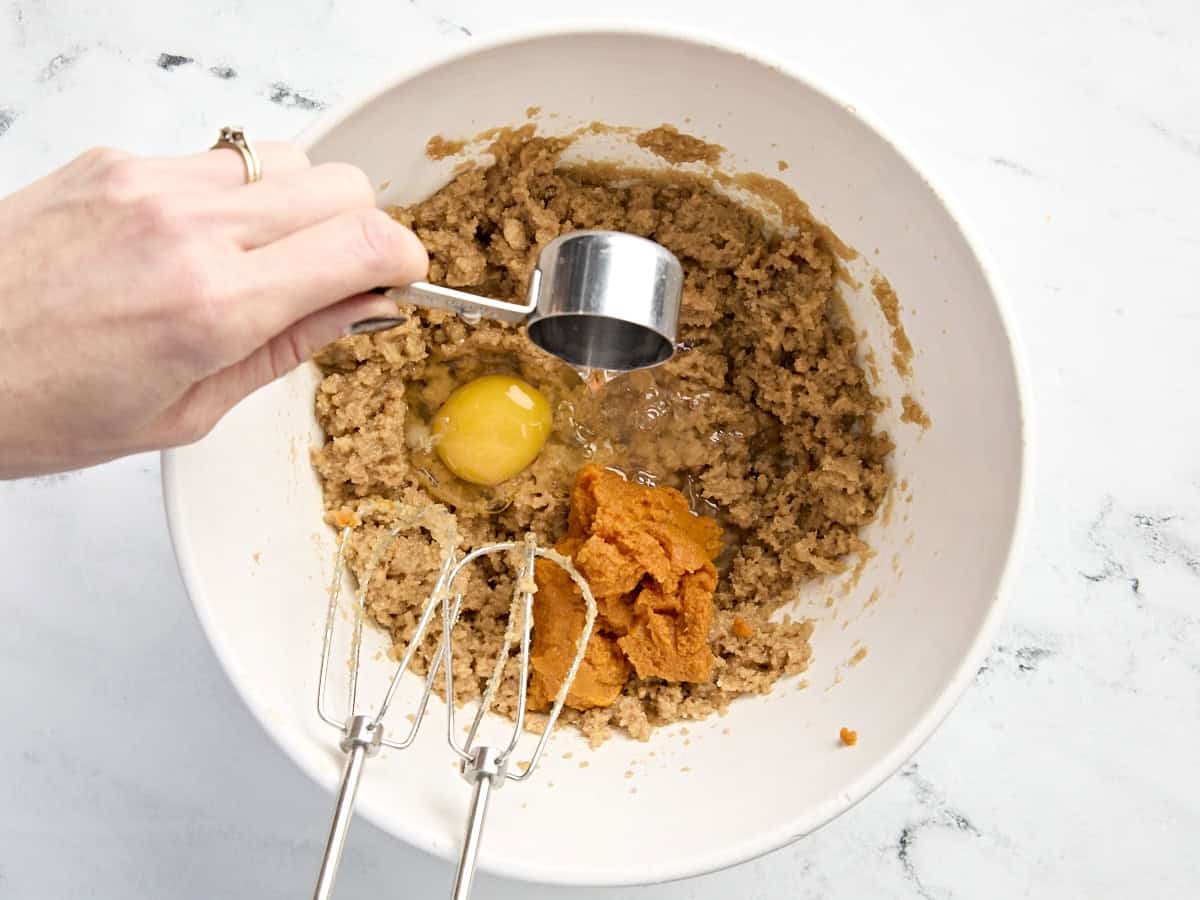 Pumkin puree, an egg, and water added to a mixing bowl.