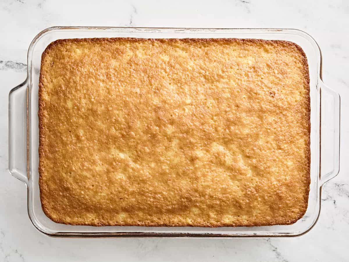 Freshly baking do nothing cake in a baking dish.