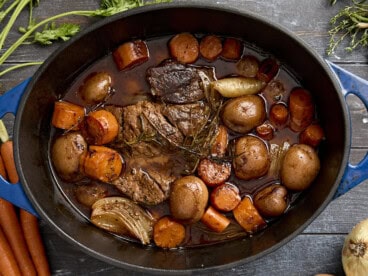 Overhead view of a pot roast in a dutch oven.