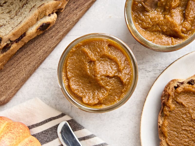 Overhead view of pumpkin butter in jars.