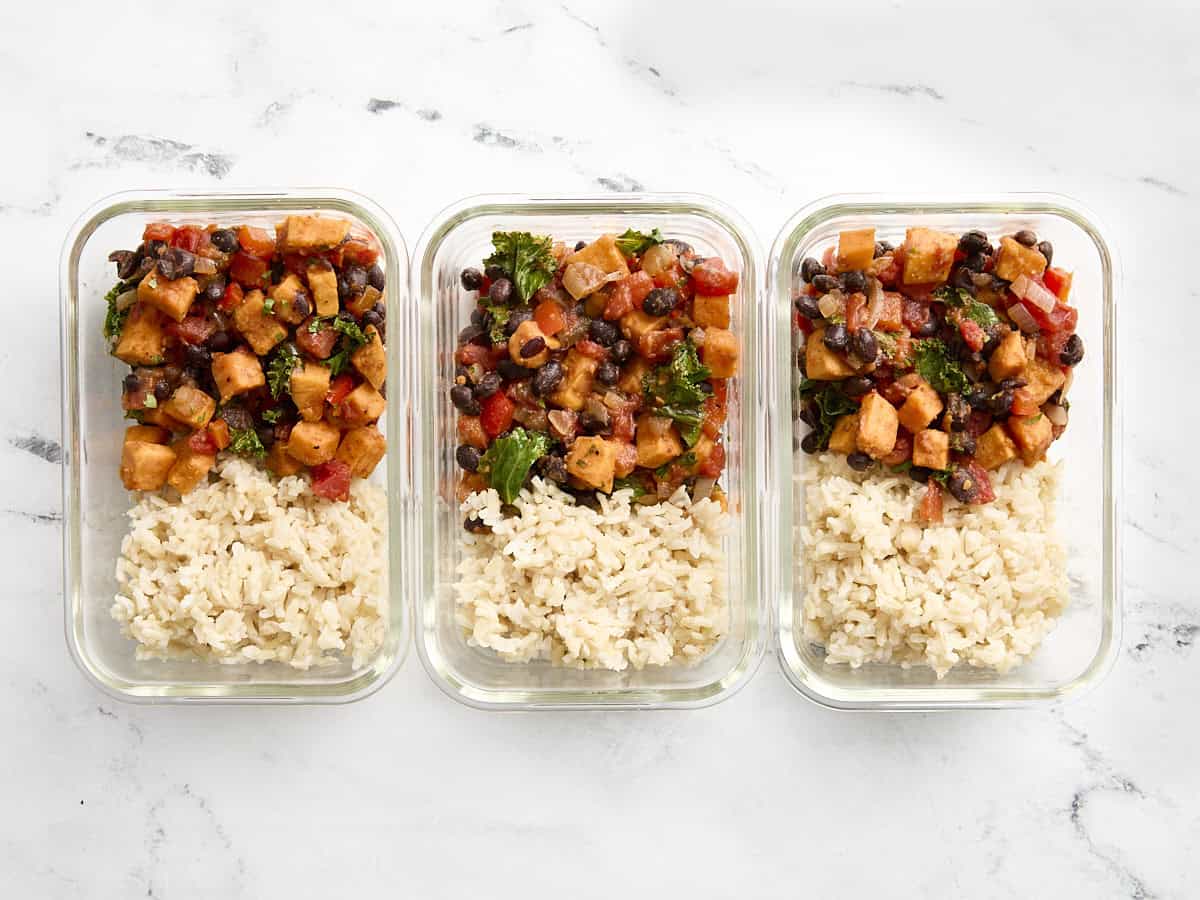 Sweet Potato and Black beans with rice in meal prep containers.