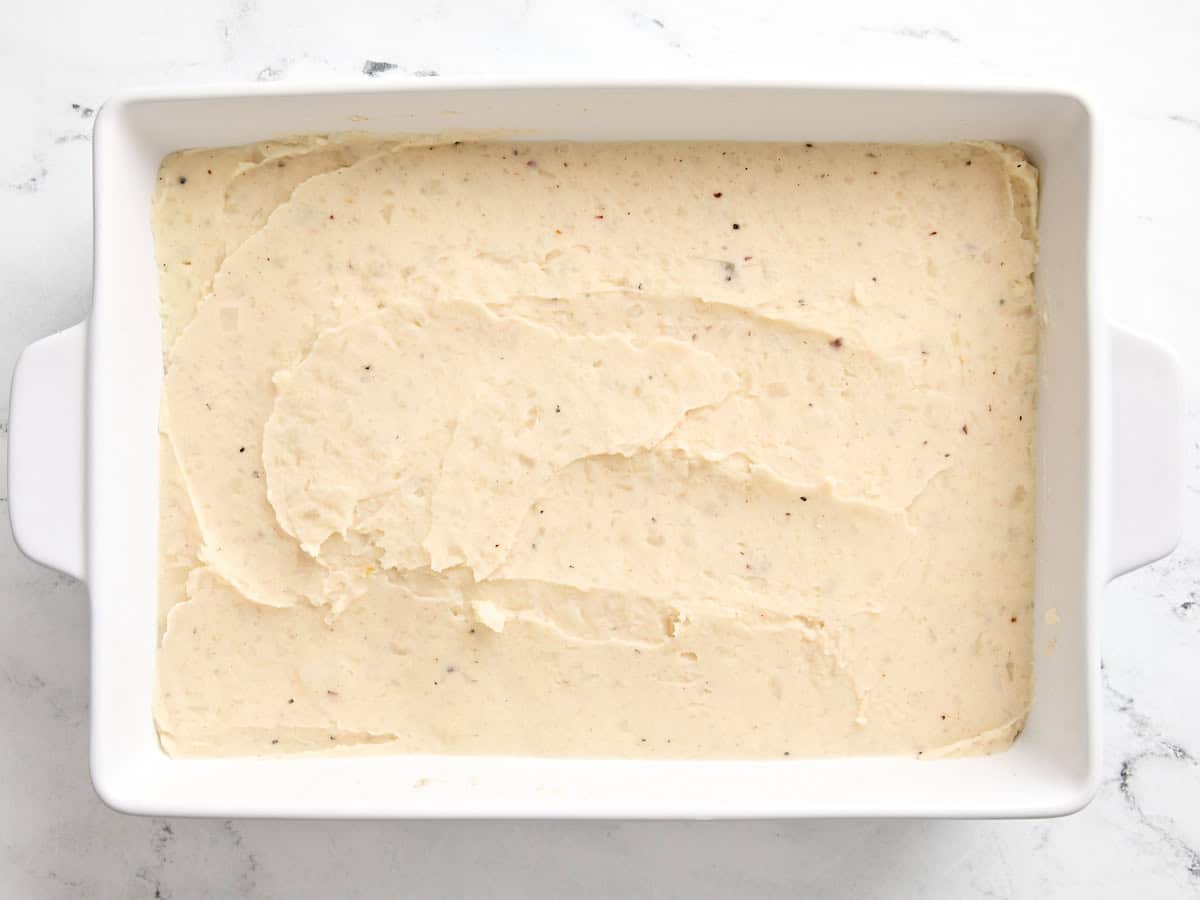 Mashed potato casserole in a baking dish.