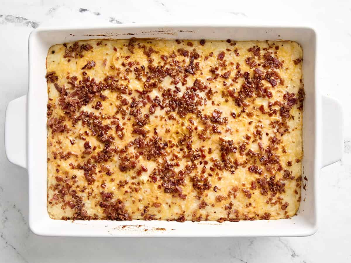 Freshly baked mashed potato casserole in a baking dish.