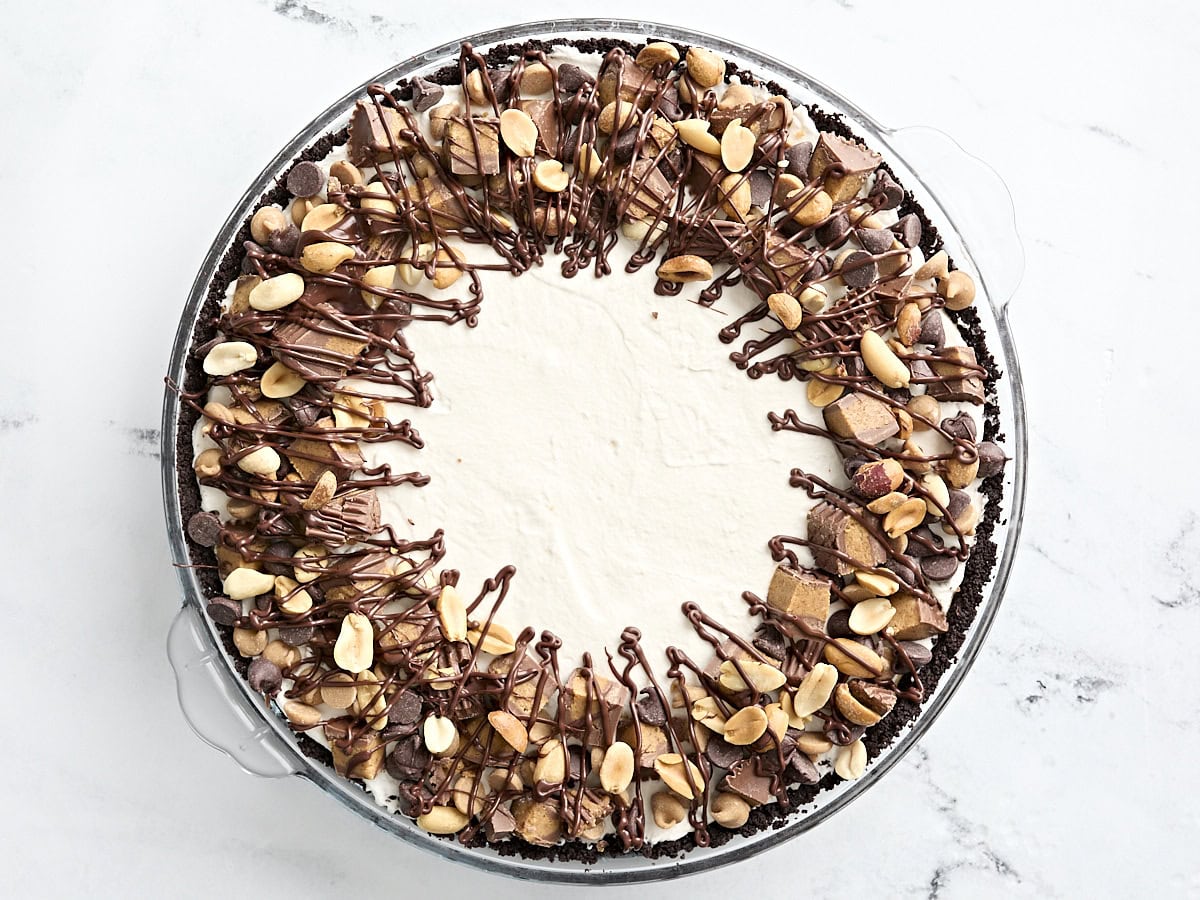 Overhead view of peanut butter pie in a pie dish.