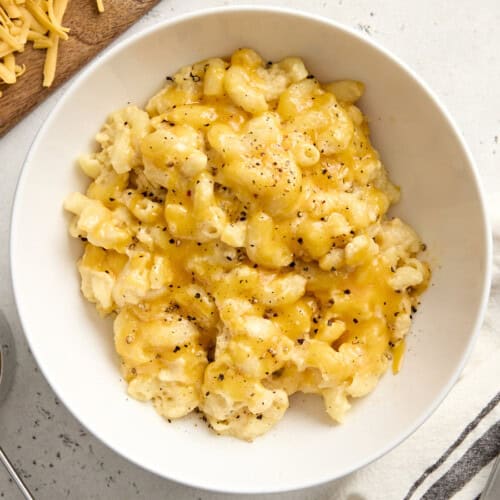 Overhead view of a bowl full of crockpot mac and cheese.