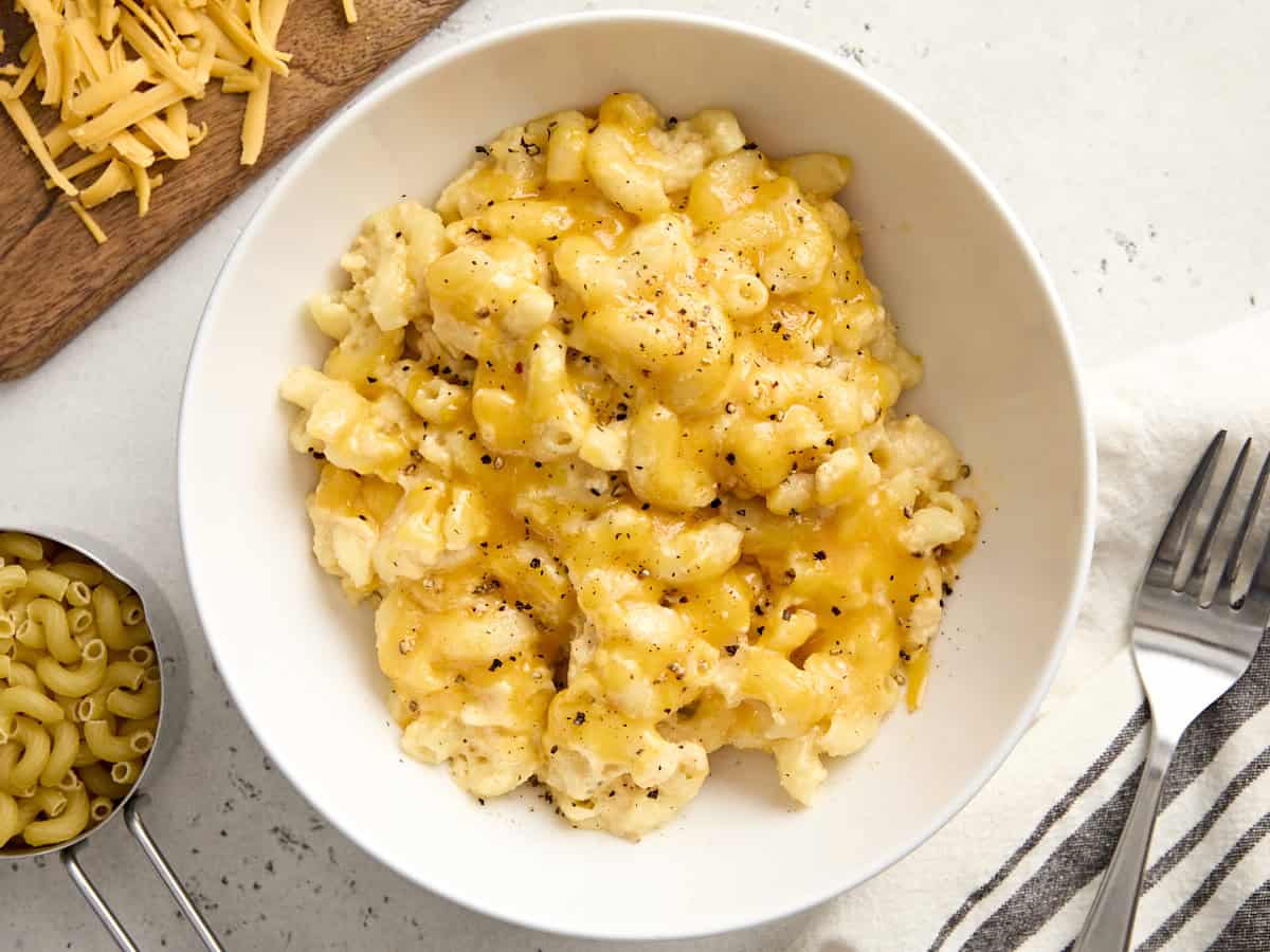 Overhead view of a bowl full of crockpot mac and cheese.