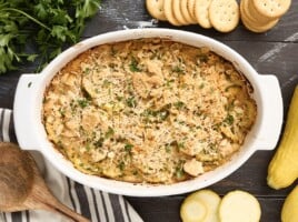 Overhead view of squash casserole in a casserole dish.