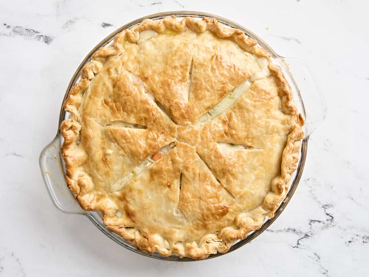 A turkey pot pie in a pie pan.