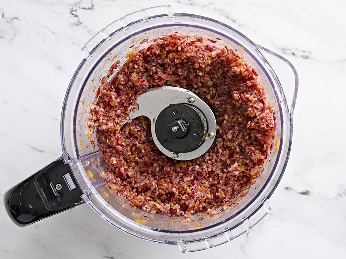 Cranberry orange relish in a food processor.