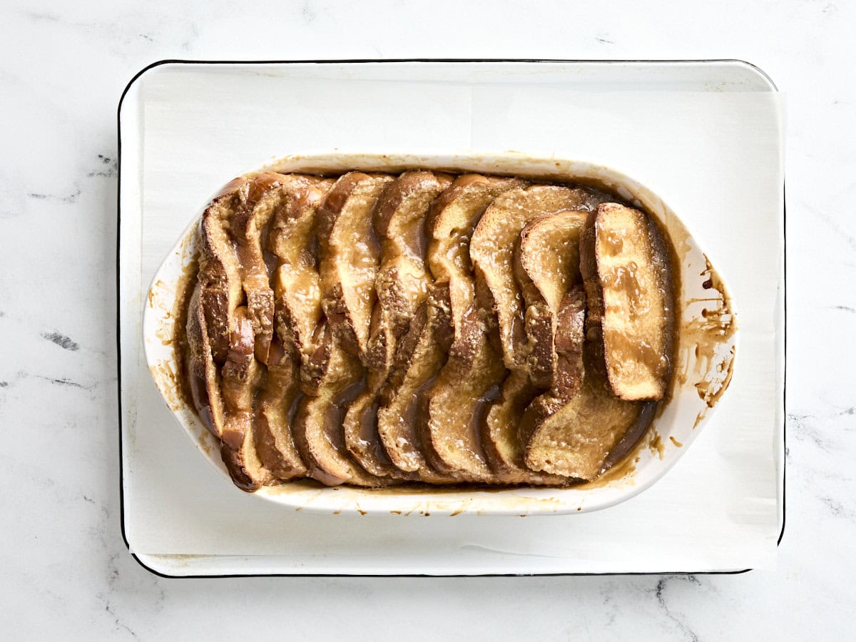 Baked french toast in a casserole dish.