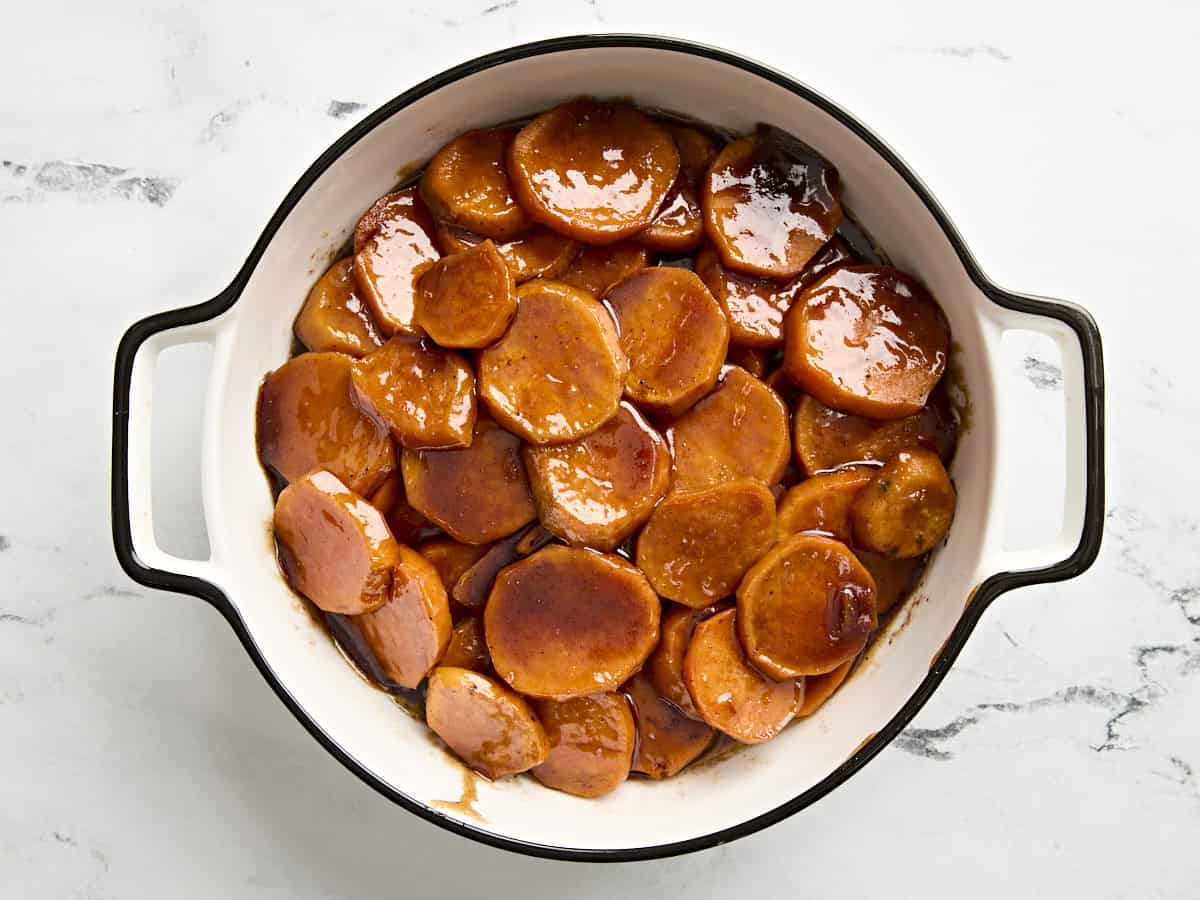 Finished candied yams in a baking dish.