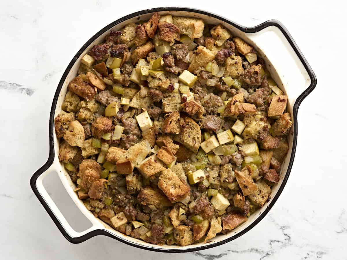 Finished sausage stuffing in a casserole dish.