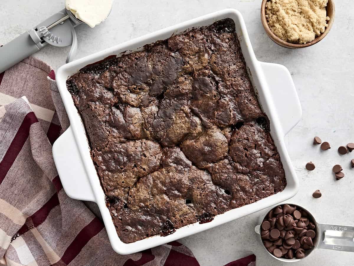 Overhead view of chocolate pudding cake in a cake pan.