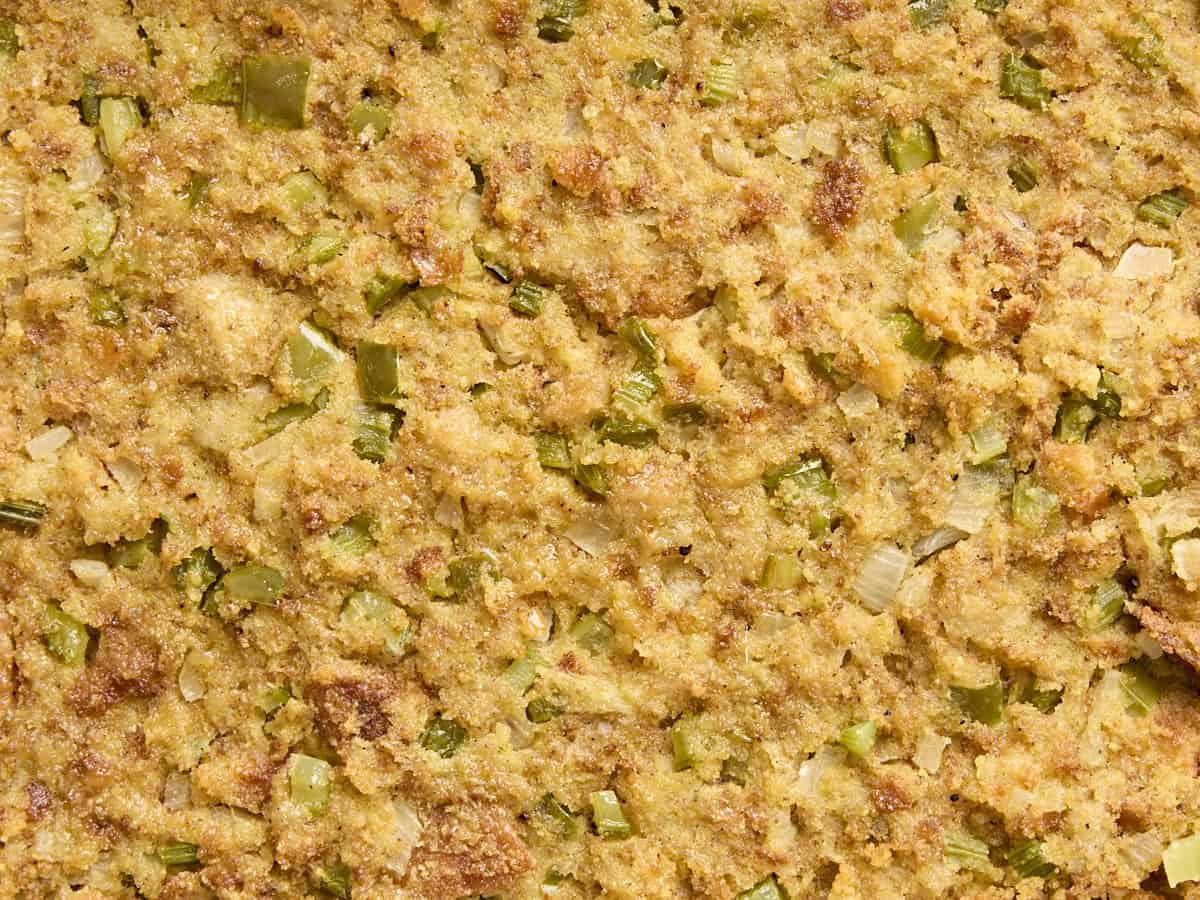 Close up view of cornbread dressing.