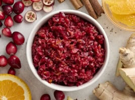 Overhead view of cranberry orange relish in a bowl.