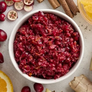 Overhead view of cranberry orange relish in a bowl.