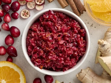 Overhead view of cranberry orange relish in a bowl.