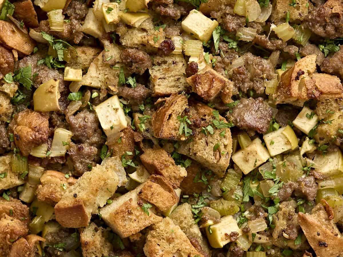 Overhead close up of sausage stuffing.