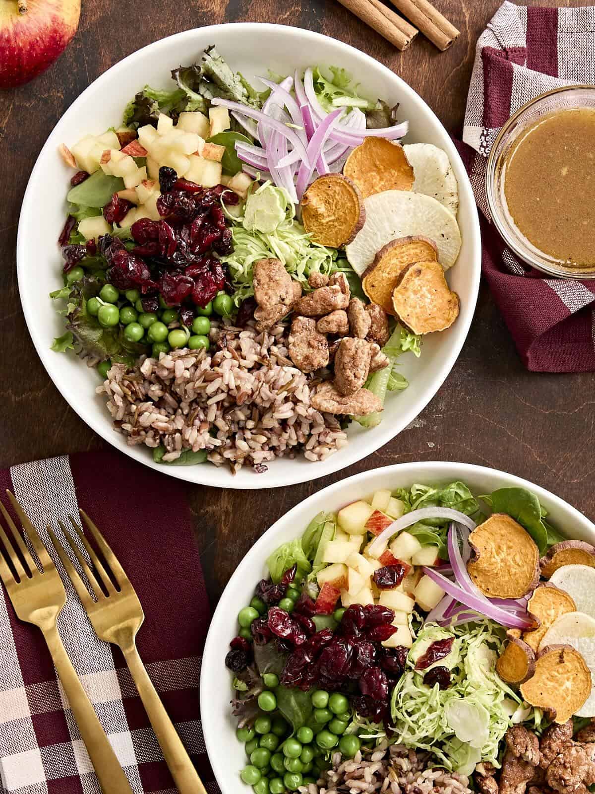 Overhead view of thanksgiving salad in two bowls.