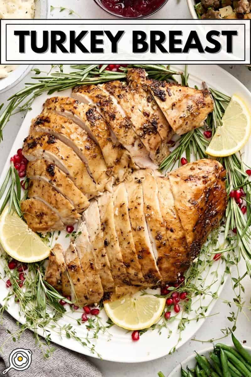 Overhead view of sliced turkey breast on a platter with title text at the top.