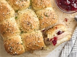 Overhead view of turkey sliders, with one roll turned on its side.