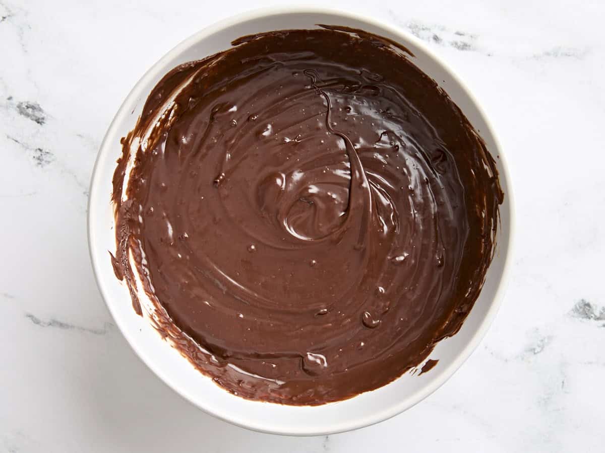 Chocolate truffle mixture in a bowl.