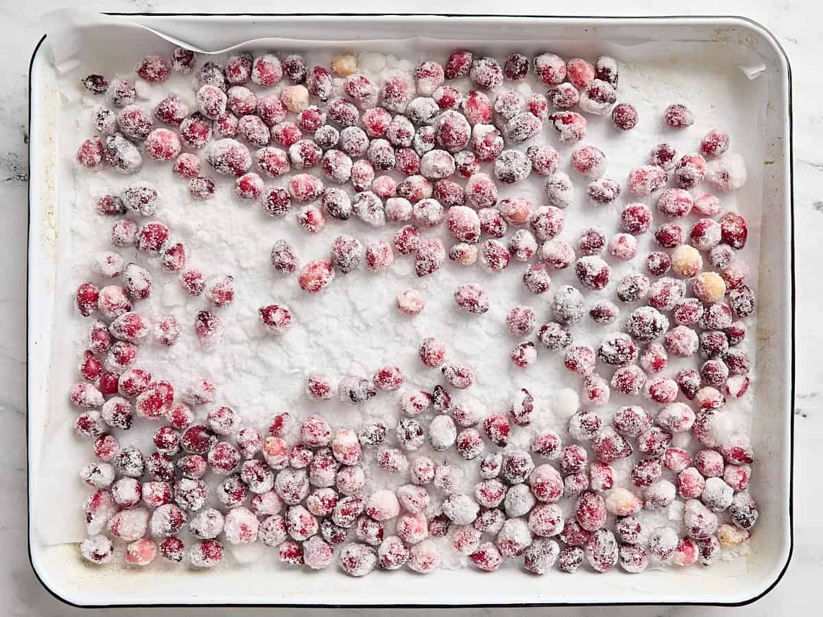 Sugared cranberries on a baking sheet.