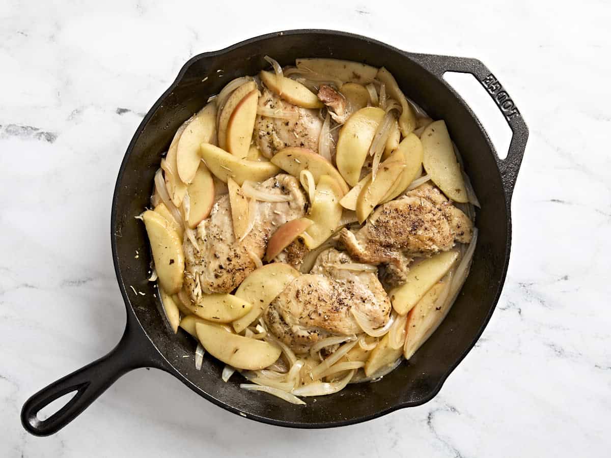 Overhead view of chicken and apples skillet dinner.