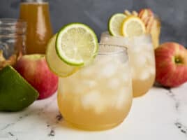 Side view of Apple Cider Shrub Mocktail with lemon and lime for garnish.