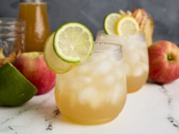 Side view of Apple Cider Shrub Mocktail with lemon and lime for garnish.