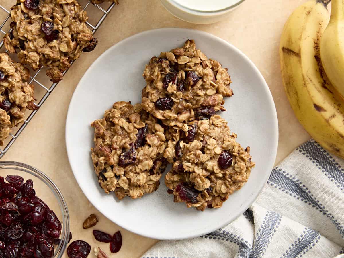 Overhead view of breakfast cookies on a plate.