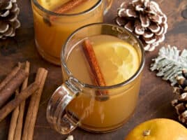 Side view of a mug of hot cider, garnished with a cinnamon stick and slice of orange.