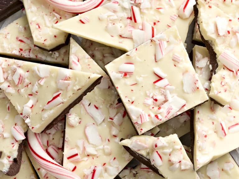 Overhead close up of peppermint bark.