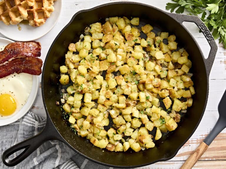 Overhead view of skillet breakfast potatoes.