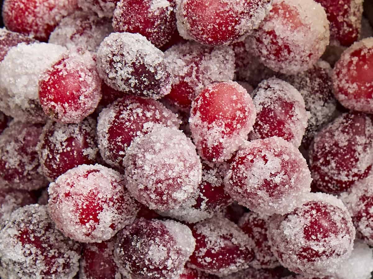 Overhead close up of sugared cranberries.