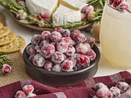 Side view of a bowl of sugared cranberries.