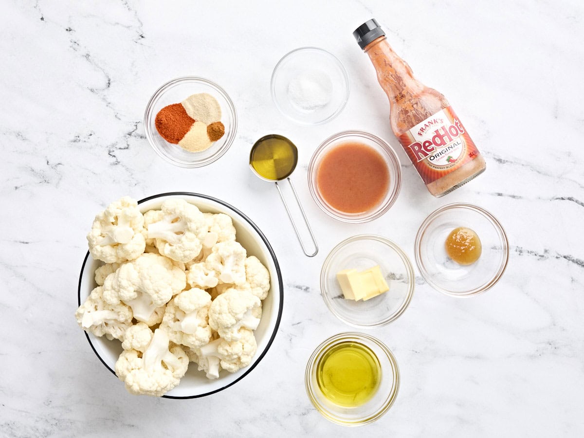 Overhead view of the ingredients for buffalo cauliflower wings.