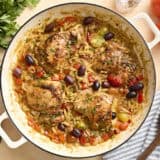 Overhead view of Greek chicken and orzo in a skillet.