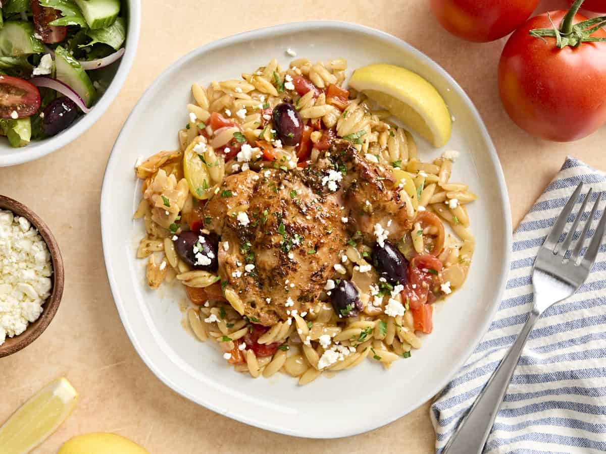 Overhead view of a plate of Greek chicken and orzo.