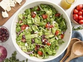 Overhead view of a bowl of greek salad.